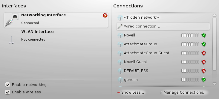 KDE NetworkManager—Configured and Available Connections